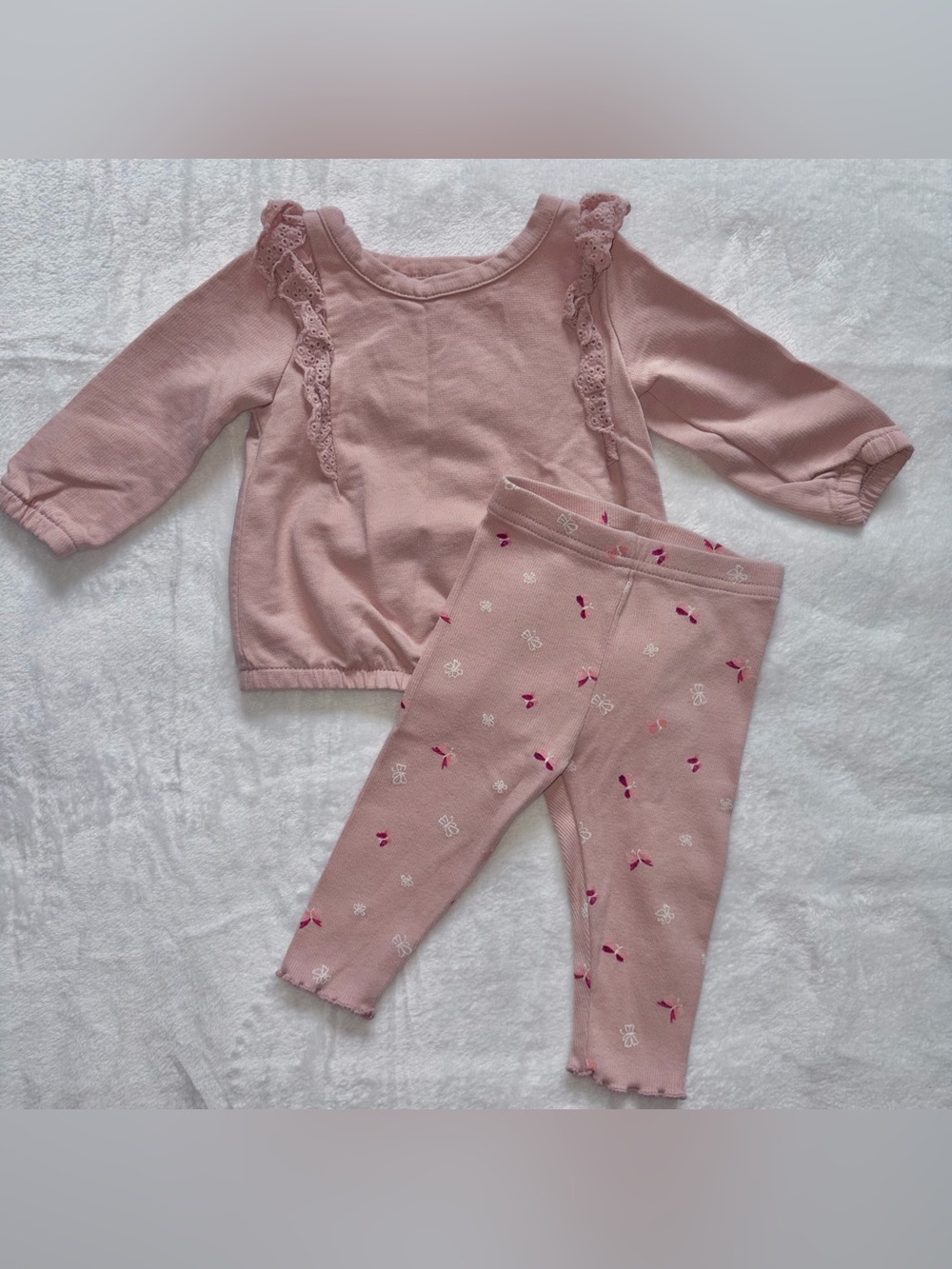 Baby Girl 6M Outfit Set - Carter’s 2PC Pink Ruffle Sweater & Butterfly Pants